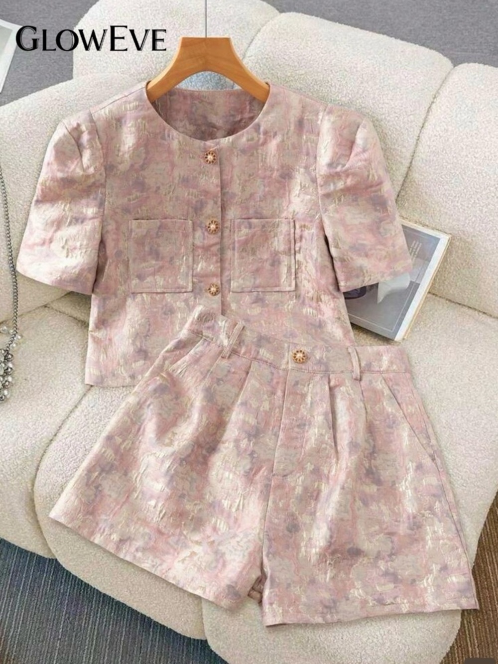 GlowEve Pink Gold Jacquard 2 Piece Short Set